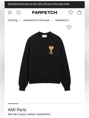 AMI Paris Ami de Coeur Cotton Black Sweatshirt with Tan Heart Logo size Medium
